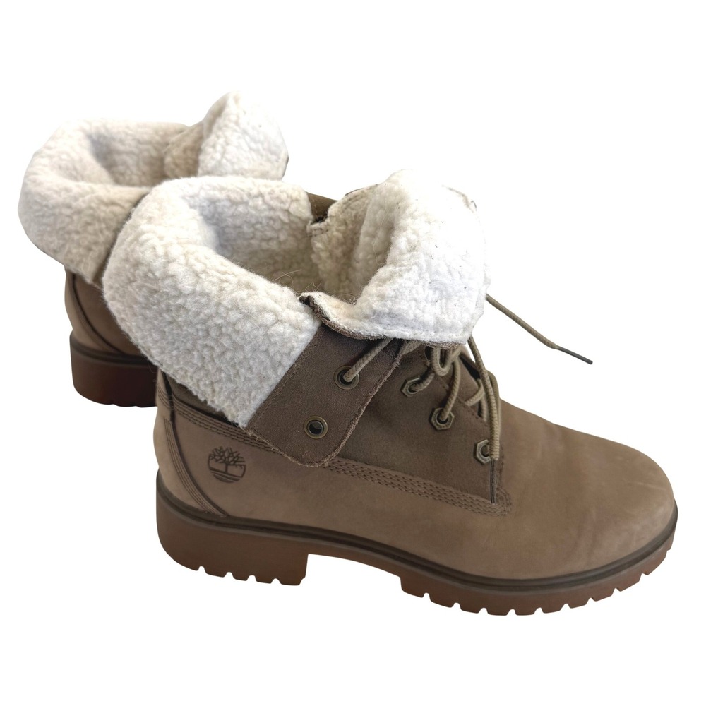 Timberland Teddy Fleece Fold Down Boots Taupe Brown Leather Lace Up Gorpcore 7.5